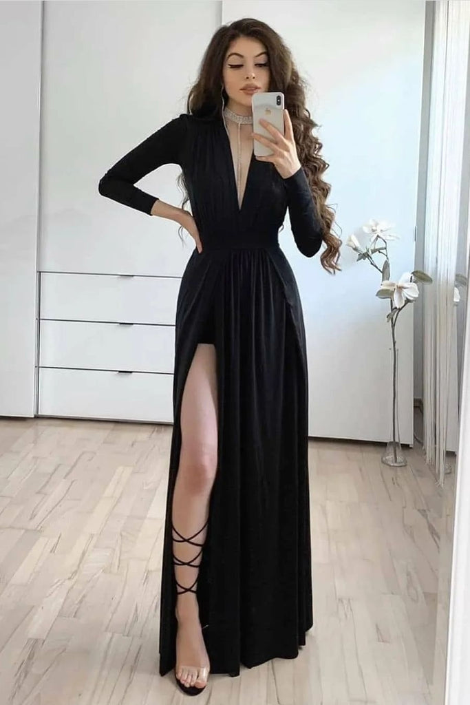 long black dress with sleeves and slit